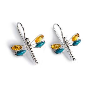 Rounded Dragonfly Drop Earrings In Silver Yellow Amber And Turquoise Default Title