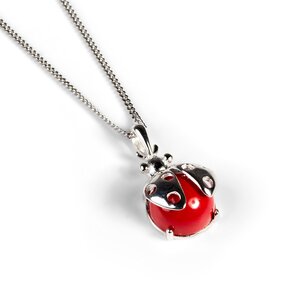 Large Ladybird Necklace In Silver And Coral 18 455cm