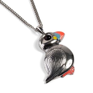 Large Puffin Bird Necklace In Silver And Amber 20 51cm