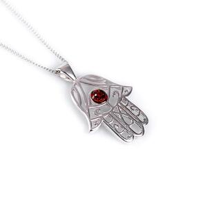 Hamsa Hand Necklace In Silver And Amber 22 56cm