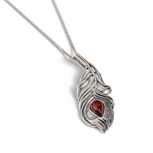 Peacock Feather Necklace In Silver And Amber 16 42cm