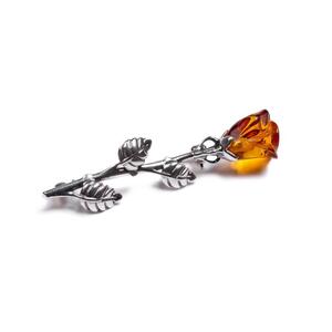 Single Stem Rose Brooch In Silver And Cognac Amber Default Title