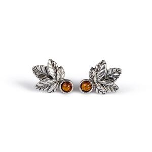Sycamore Leaf Stud Earrings In Silver And Amber Cognac