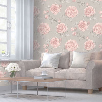 Rosa Floral Wallpaper Grey / Pink Belgravia 9766