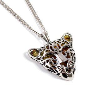 Leopard Head Necklace In Silver And Amber 16 42cm