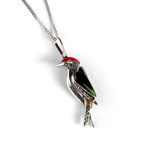 Miniature Green Woodpecker Bird Necklace In Silver Coral And Amber 16 42cm