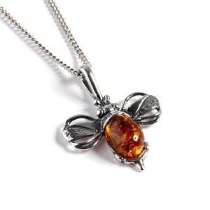 Miniature Bumble Bee Necklace In Silver And Amber Cognac 22 56cm