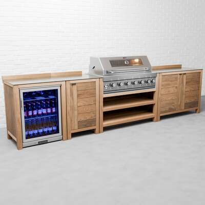 Draco Grills Teak 6 Burner Outdoor Kitchen with Modular Single & Double Cupboards and Single Fridge, Without Side Panels / End of July 2024