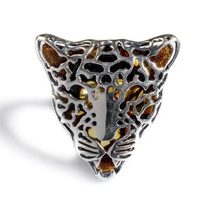 Large Magnificent Leopard Head Adjustable Ring In Silver And Amber Default Title