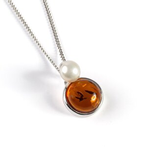 Round Pearl Necklace In Silver And Amber Cognac 16 42cm