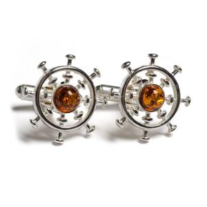 Ship Wheel Cufflinks In Silver And Amber Cognac