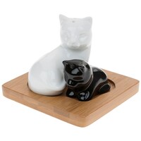 Joe Davies Black/White Cat and Kitten Cruet Set with Bamboo Stand