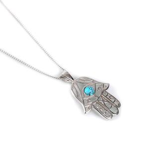 Hamsa Hand Necklace In Silver And Turquoise 22 56cm