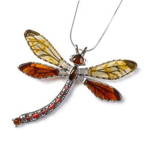 Exotic Dragonfly Necklace In Silver And Amber 16 42cm