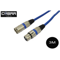 XLR Mic Audio Cable 3 Metre Long Lead - Soft Blue Cable Metal Plugs