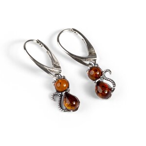Cute Cat Drop Earrings In Silver And Amber Cognac