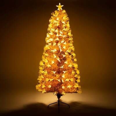 Gold Christmas Tree with Fibre Optics and Warm White LED Lights (2ft to 7ft), 5ft / 1.5m