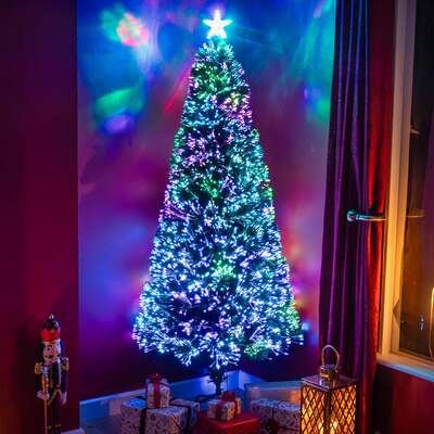 2ft - 7ft Green Fibre Optic Christmas Tree with Multi Coloured Fibre Optic Lights, 4FT