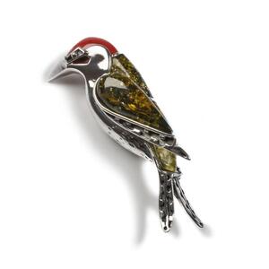 Large Green Woodpecker Bird Brooch In Silver Coral And Amber Default Title