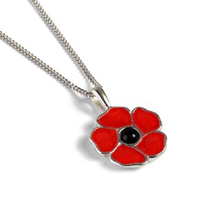 Hand Painted Poppy Flower Necklace In Silver And Amber 16 42cm