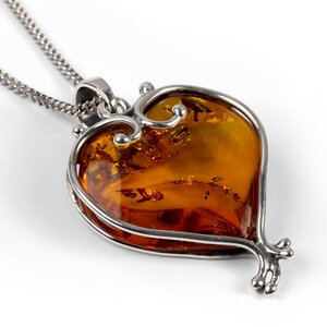 Heart Shape Baltic Amber And Silver Necklace Natural Designer Gemstone 16 42cm