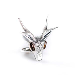 Large Stag Head Ring In Silver And Amber N