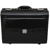 San Babila Leather Wheeled Pilot Case with Combination Locks - Black