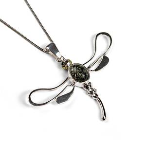 Dragonfly Necklace In Silver Green Amber 22 56cm
