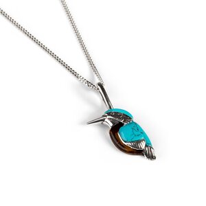 Miniature Kingfisher Bird Necklace In Silver Turquoise And Amber 22 56cm