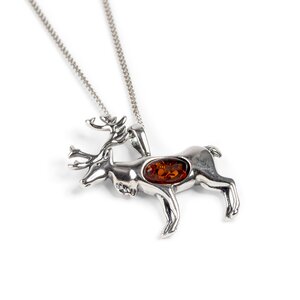 Reindeer Stag Necklace In Silver And Amber 20 50cm