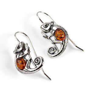 Chameleon On Branch Hook Earrings In Silver And Cognac Amber Default Title