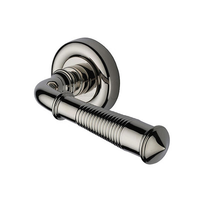 Heritage Brass Reeded Colonial Design Door Handles On Round Rose, Polished Nickel - V1936-PNF (sold in pairs) POLISHED NICKEL
