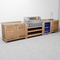 Draco Grills Teak 6 Burner Outdoor Kitchen with Modular Double Cupboard, Single Fridge and Sink, Without Side Panels / End of June 2024