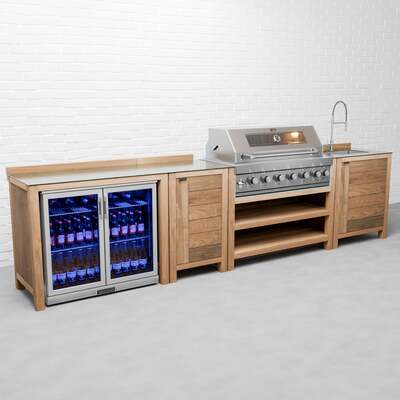 Draco Grills Teak 6 Burner Outdoor Kitchen with Modular Double Fridge, Single Cupboard, Sink, With Side Panels / End of June 2024