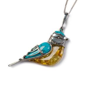 Blue Tit Bird Necklace In Silver Turquoise And Amber Yellow 22 56cm