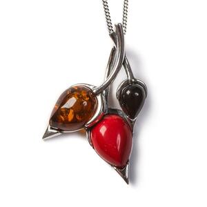 Beech Leaf Necklace In Silver Coral And Amber 16 42cm