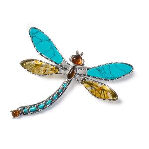 Exotic Dragonfly Brooch In Silver Turquoise And Yellow Amber Default Title