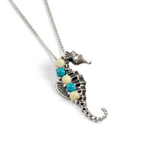 Small Seahorse Necklace In Silver Turquoise And Amber 16 42cm