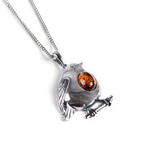Small Robin Necklace In Silver And Amber 16 42cm