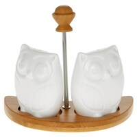 Joe Davies White Owl Cruet Set with Bamboo Stand