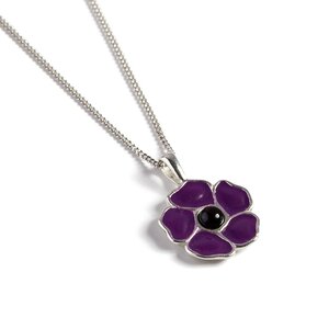 Hand Painted Purple Poppy Flower Necklace In Silver And Amber 22 56cm