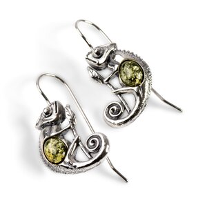 Chameleon On Branch Hook Earrings In Silver And Green Amber Default Title