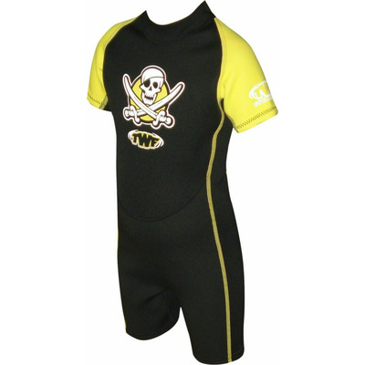 Child Boys Girls Shorty Shortie Wetsuit UV Swim Suit - Age 8-9 years - Pirate Yellow Skull Crossbones