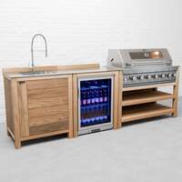 Draco Grills Teak 6 Burner Outdoor Kitchen with Modular Sink and Single Fridge, With Side Panels / End of June 2024