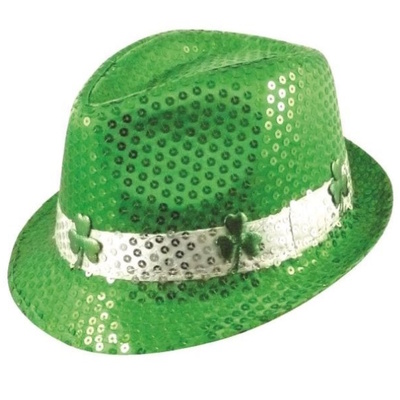 Green St Patricks Day Sequin Trilby Irish Hat with Shamrock Band - SIX HATS