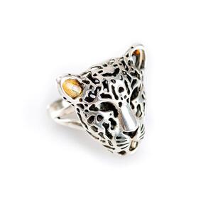 Magnificent Leopard Head Ring In Silver And Amber O