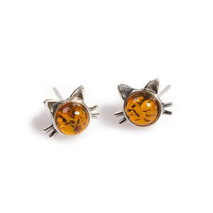 Cute Cat Face Stud Earrings In Silver And Amber Cognac