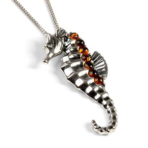Large Seahorse Necklace In Silver And Cognac Amber 16 42cm