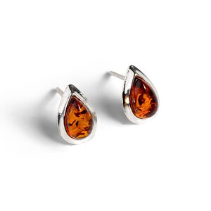 Teardrop Stud Earrings In Silver And Cognac Amber Cognac