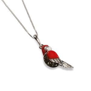 Tropical Macaw Parrot Necklace In Silver Coral And Green Amber 16 42cm